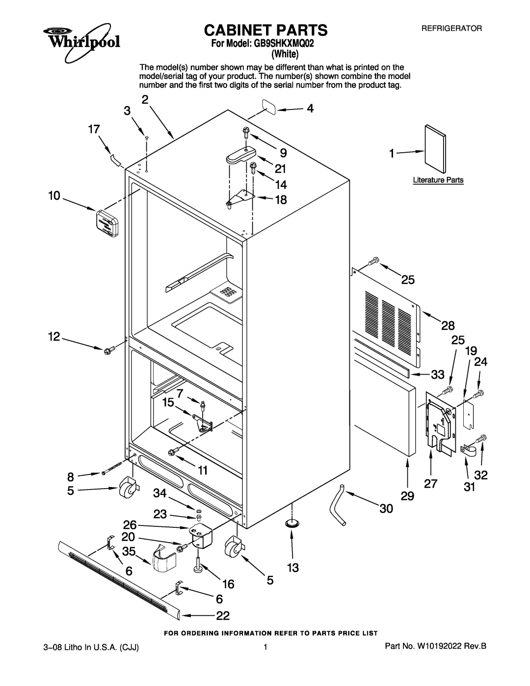 Whirlpool manual Cabinet Parts, 3−08 Litho In U.S.A. CJJ, For Model GB9SHKXMQ02 White, Refrigerator 