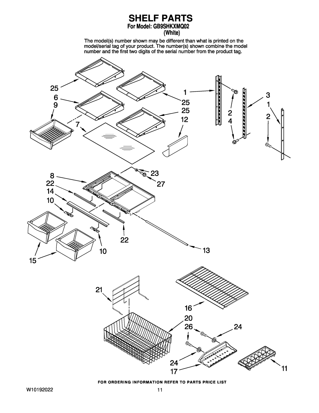 Whirlpool manual Shelf Parts, W10192022, For Model GB9SHKXMQ02 White 