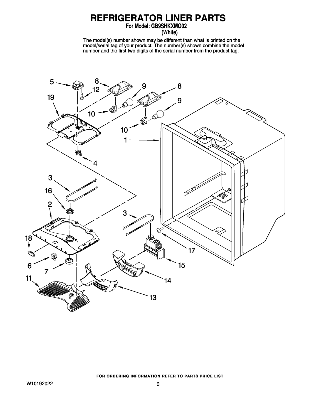 Whirlpool manual Refrigerator Liner Parts, W10192022, For Model GB9SHKXMQ02 White 