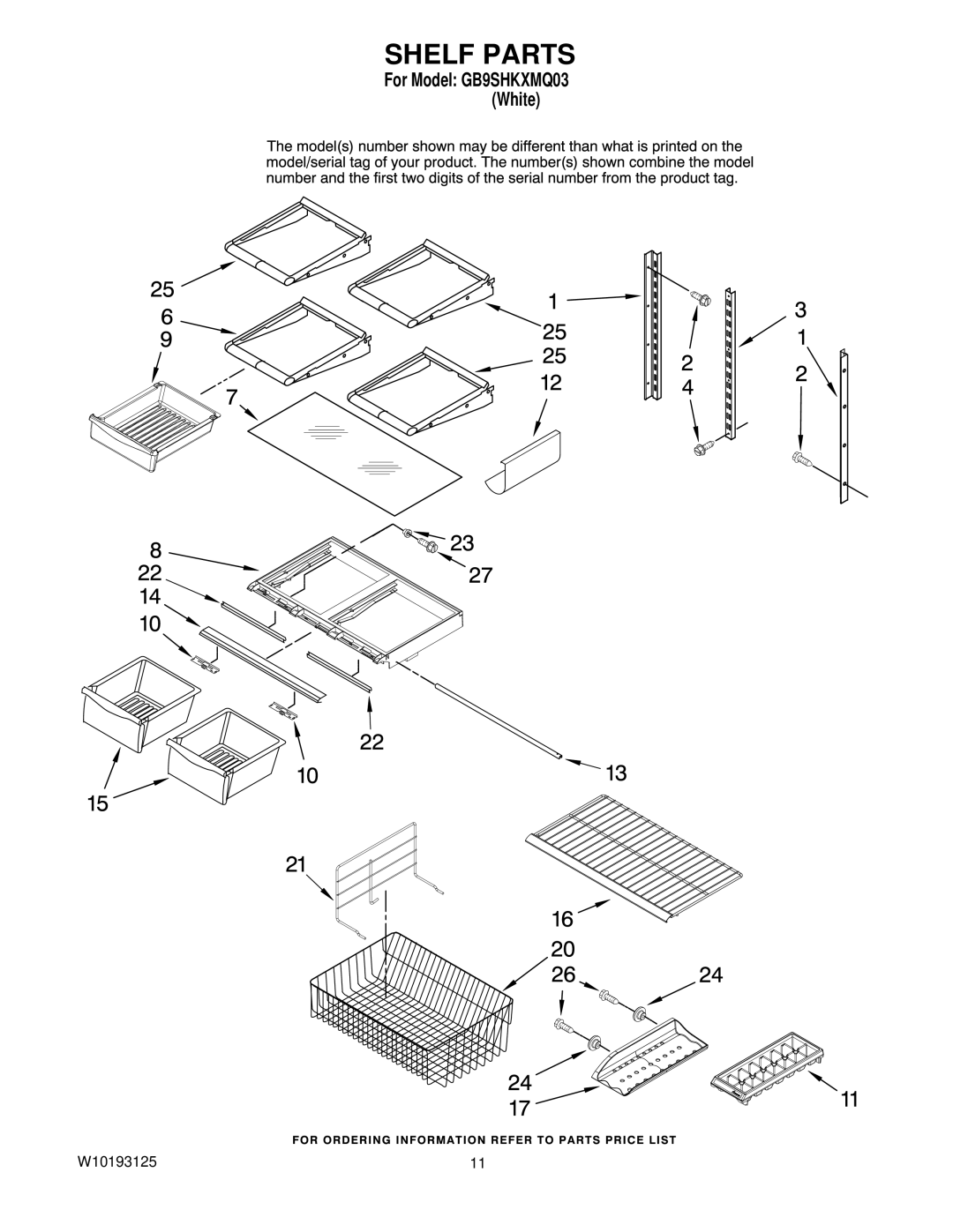 Whirlpool GB9SHKXMQ03 manual Shelf Parts 