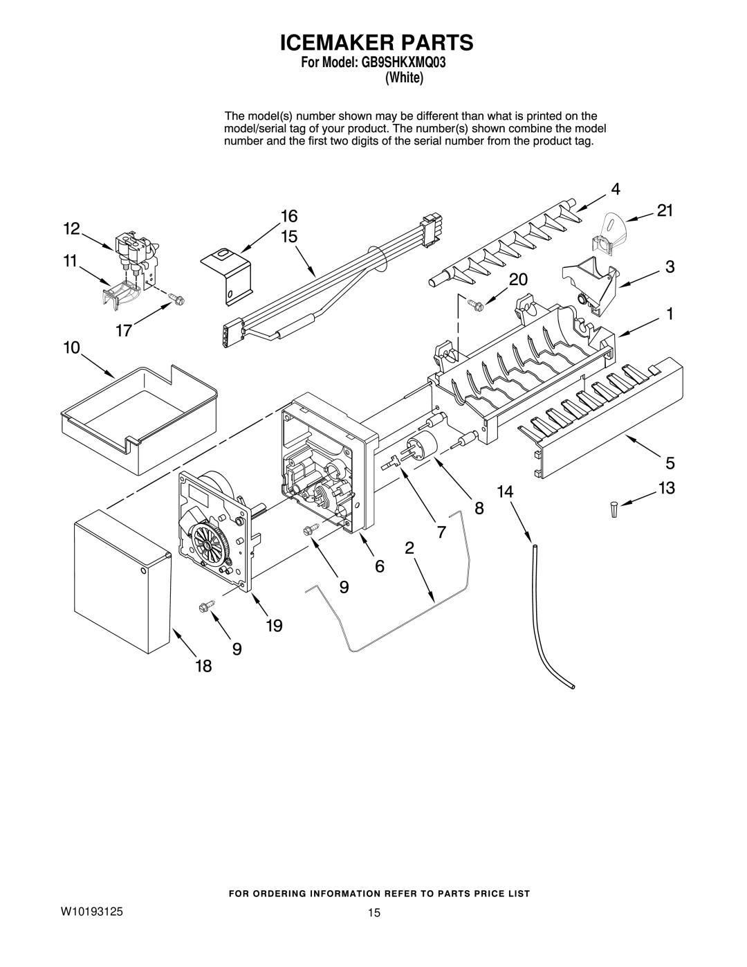 Whirlpool GB9SHKXMQ03 manual Icemaker Parts 