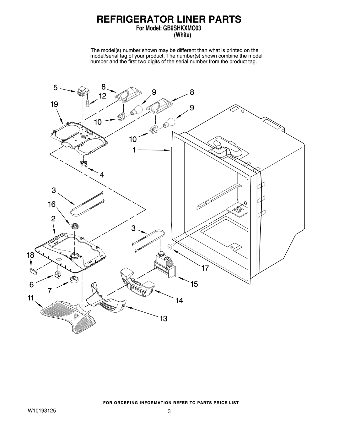 Whirlpool GB9SHKXMQ03 manual Refrigerator Liner Parts 