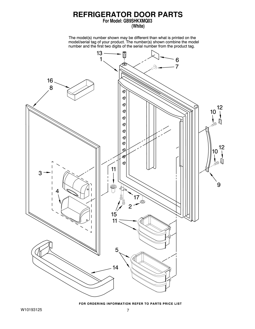 Whirlpool GB9SHKXMQ03 manual Refrigerator Door Parts 