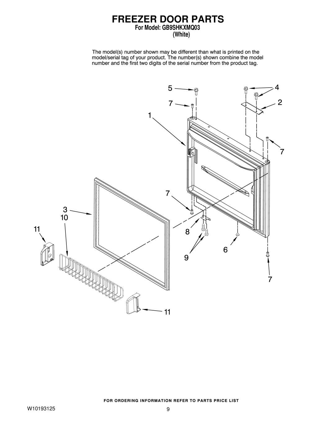 Whirlpool GB9SHKXMQ03 manual Freezer Door Parts 