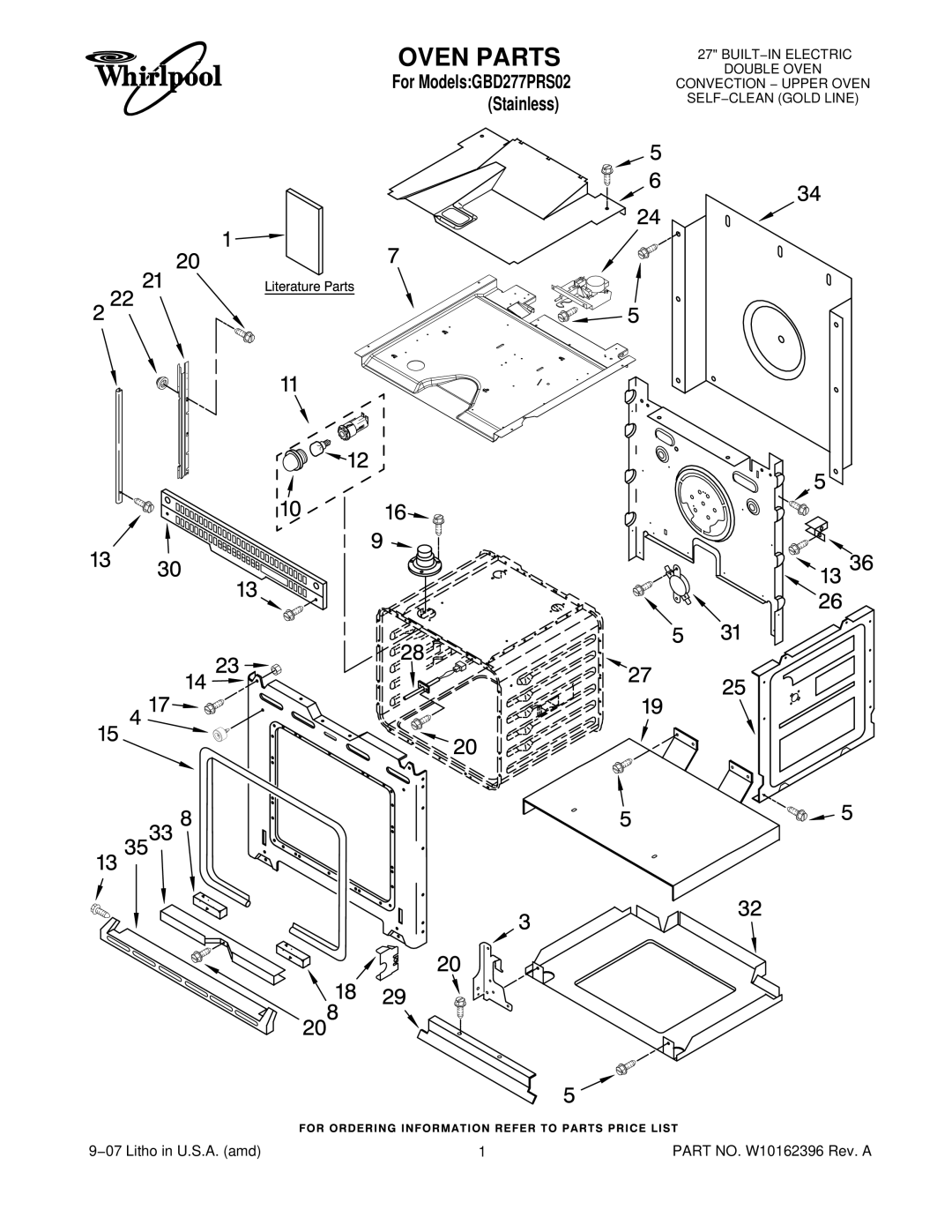 Whirlpool GBD277PRS02 manual Oven Parts 