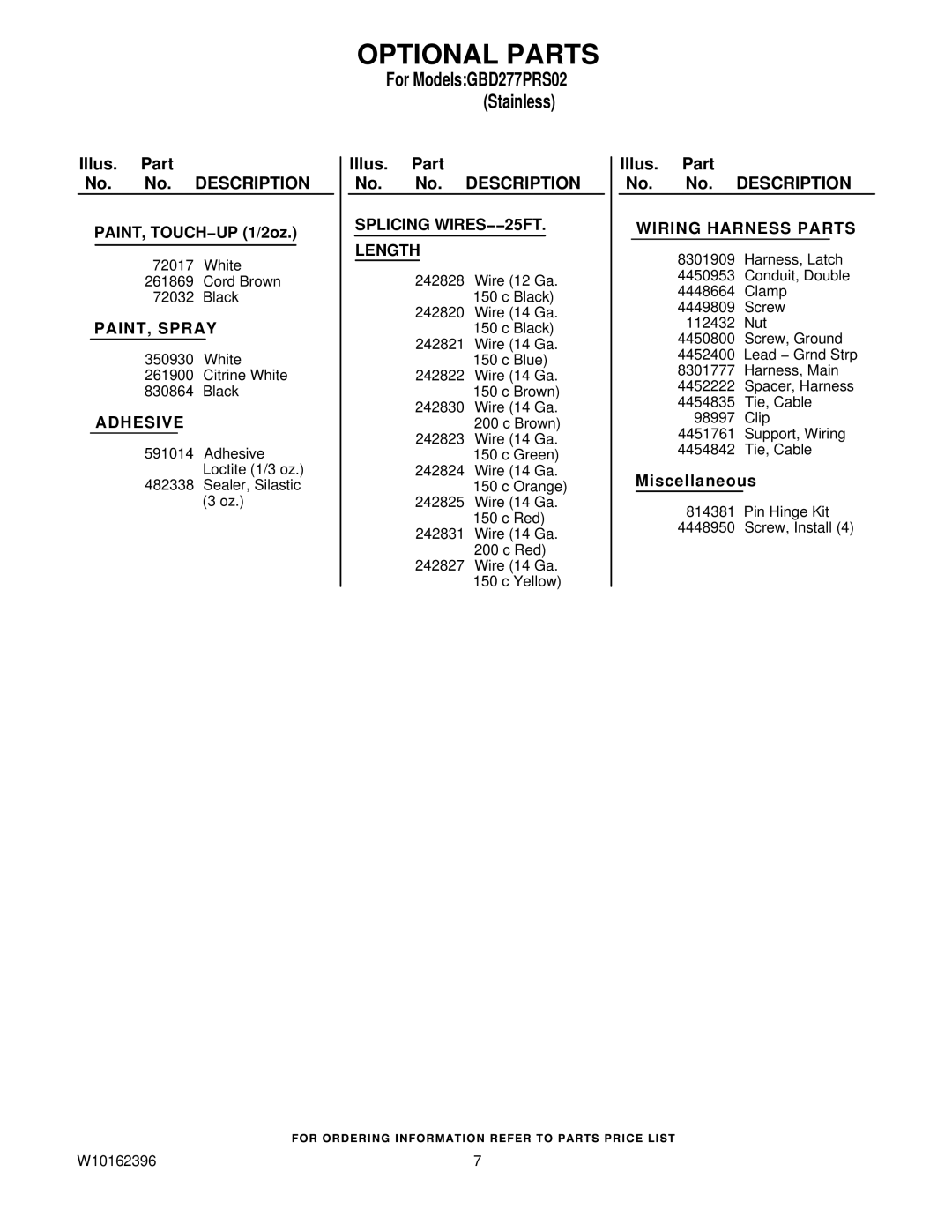 Whirlpool GBD277PRS02 manual Optional Parts, Wiring Harness Parts 