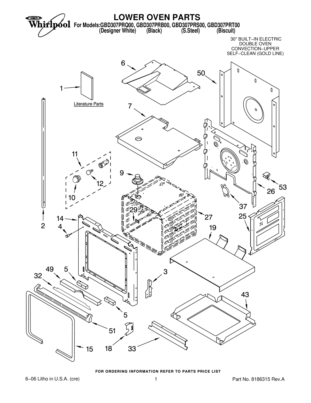 Whirlpool GBD307PRQ00, GBD307PRB00, GBD307PRT00, GBD307PRS00 manual Lower Oven Parts 