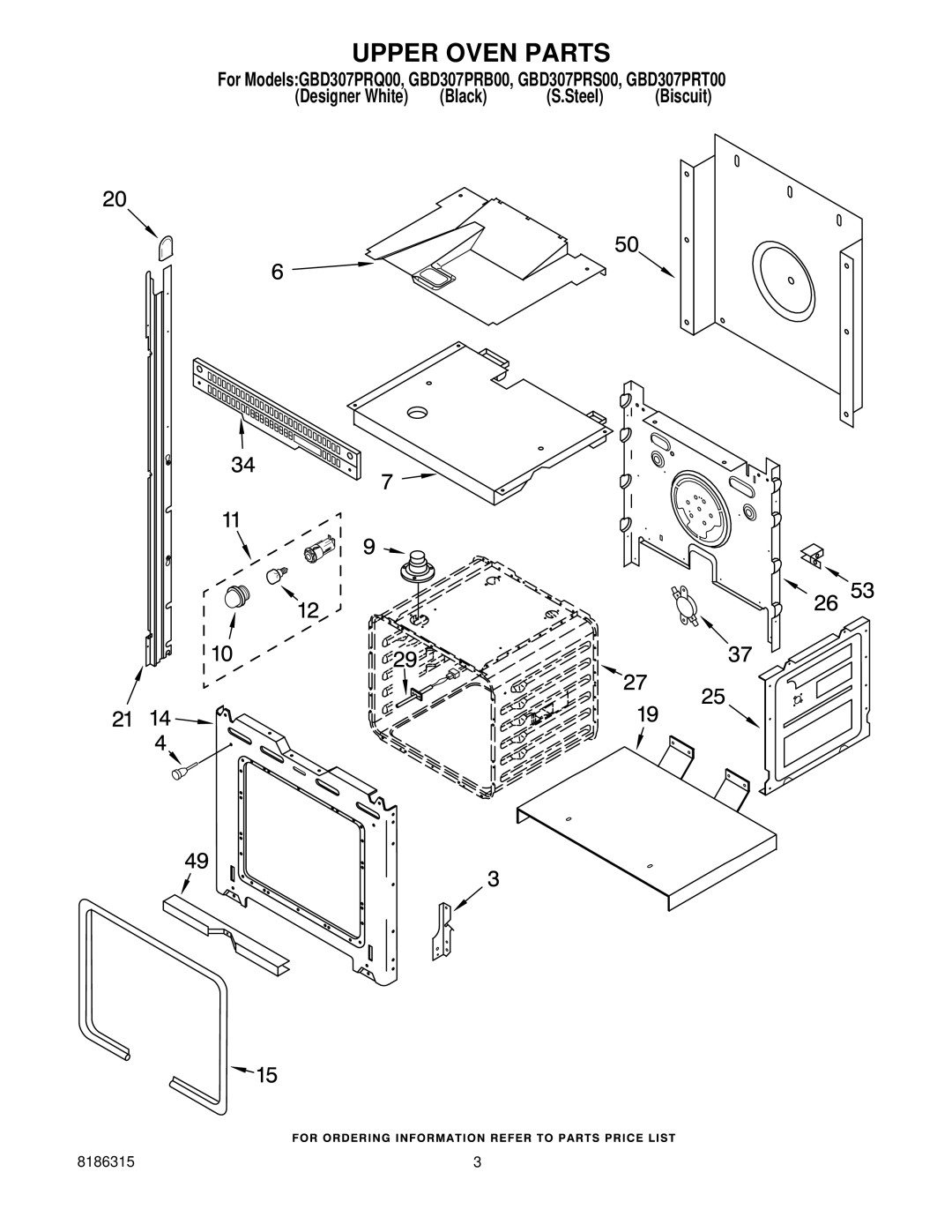 Whirlpool GBD307PRS00, GBD307PRB00, GBD307PRQ00, GBD307PRT00 manual Upper Oven Parts 