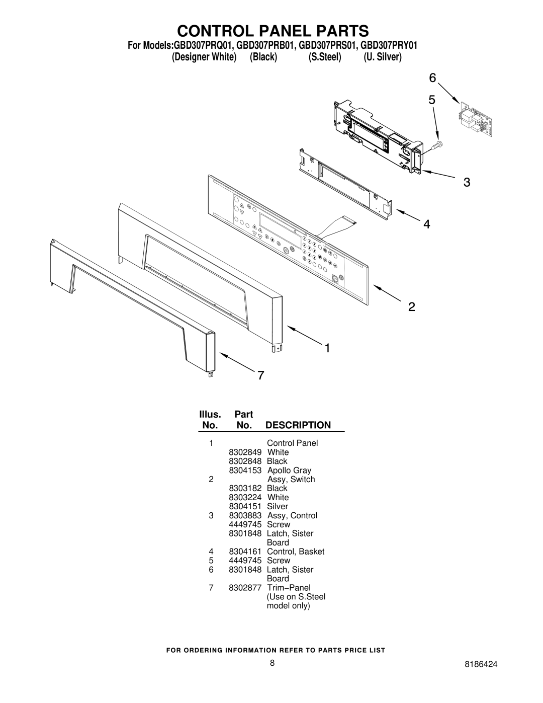 Whirlpool GBD307PRS01, GBD307PRB01, GBD307PRQ01, GBD307PRY01 manual Control Panel Parts 