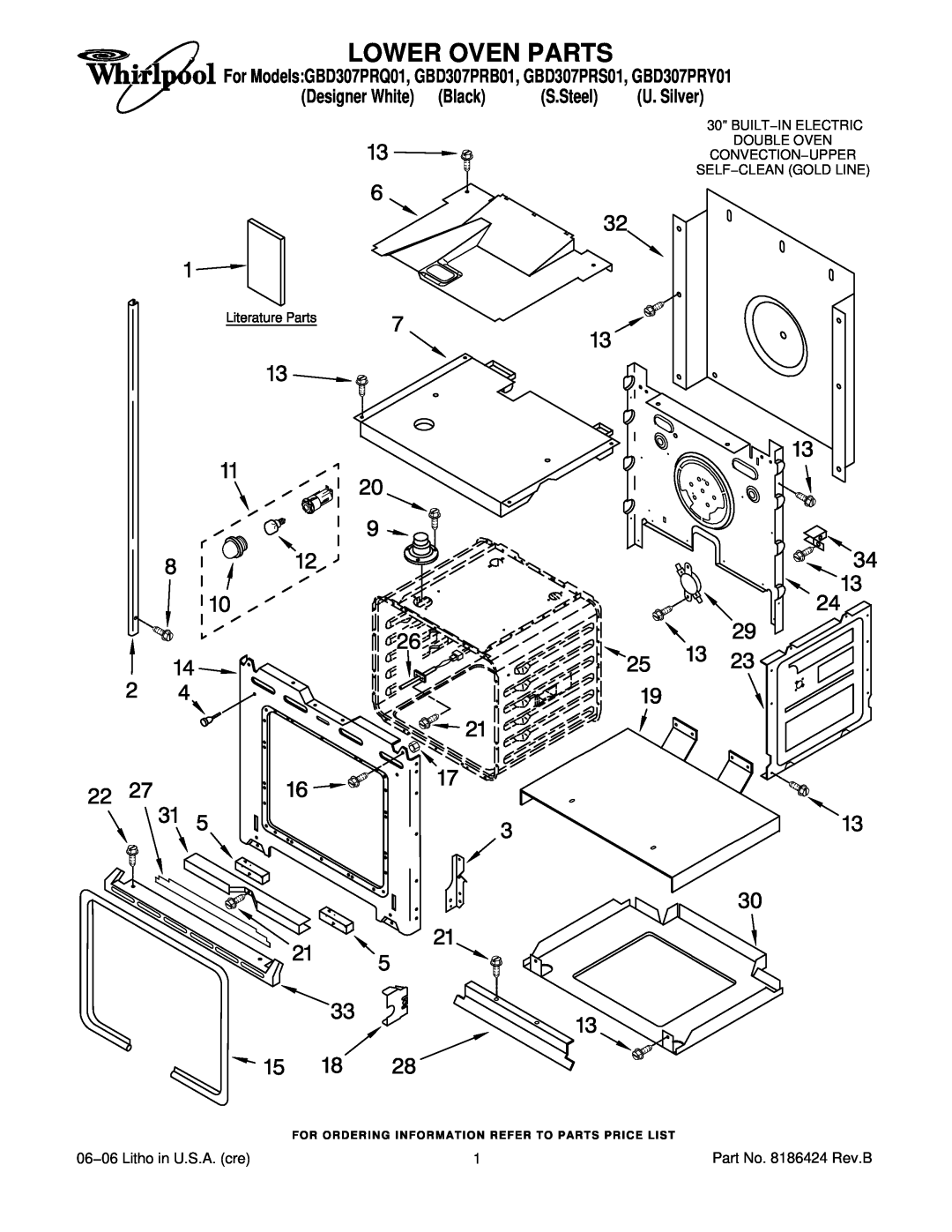 Whirlpool manual Lower Oven Parts, For ModelsGBD307PRQ01, GBD307PRB01, GBD307PRS01, GBD307PRY01, Black, S.Steel 