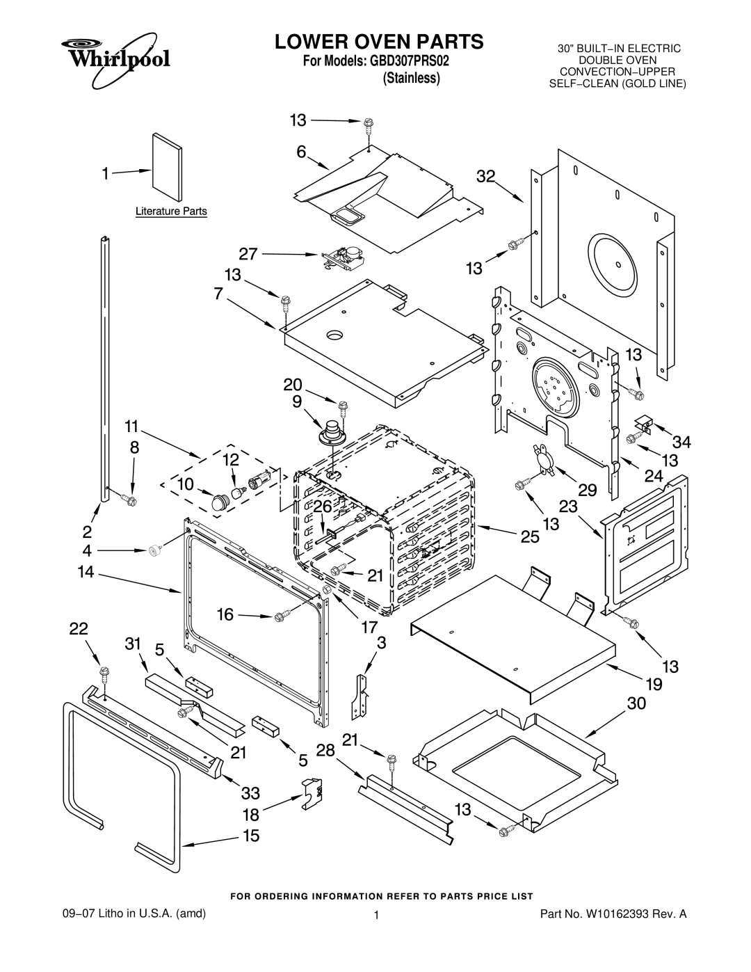 Whirlpool GBD307PRS02 manual Lower Oven Parts 