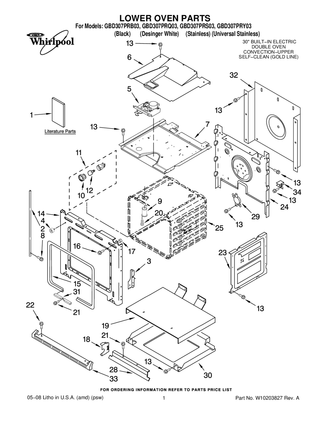 Whirlpool GBD307PRB03, GBD307PRS03, GBD307PRQ03, GBD307PRY03 manual Lower Oven Parts 