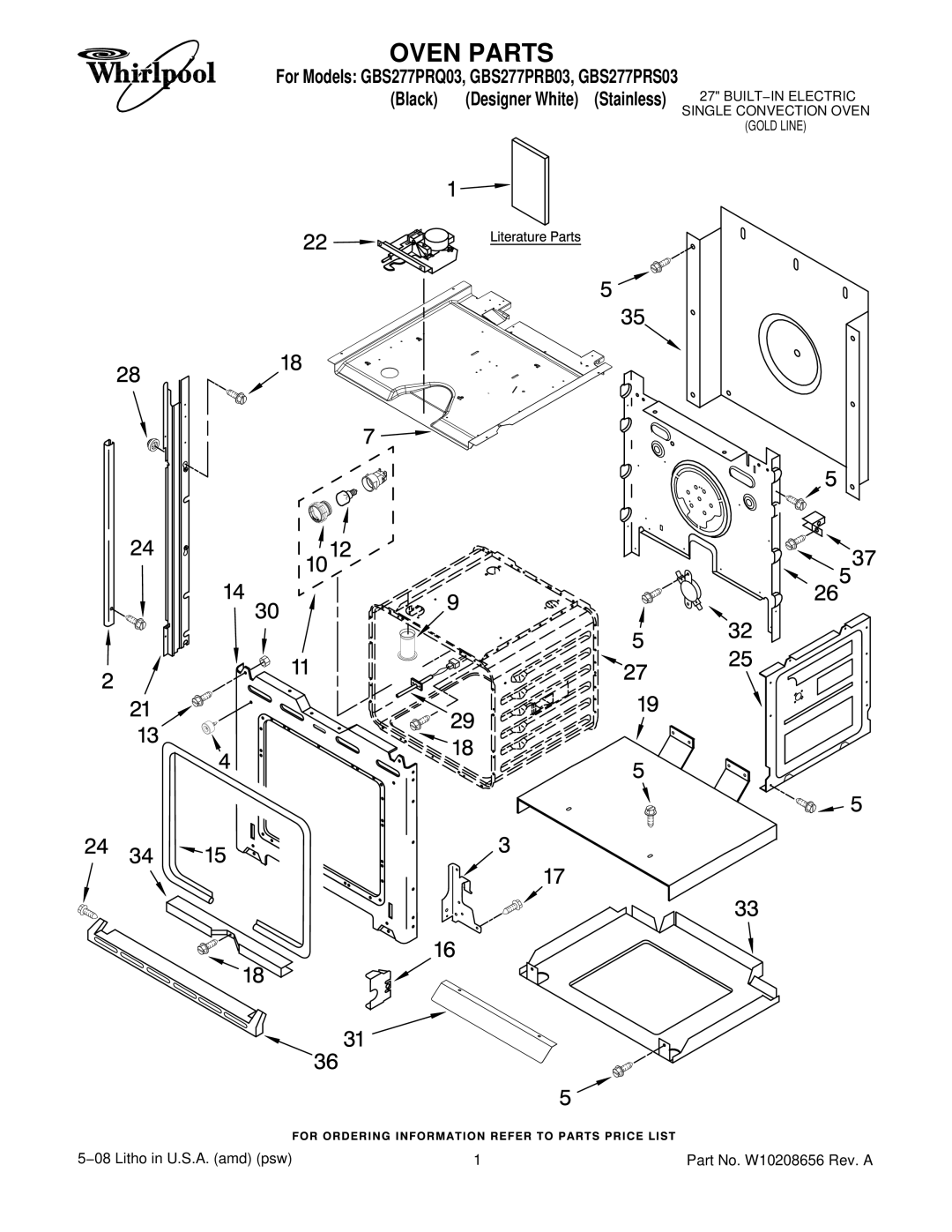 Whirlpool GBS277PRB03, GBS277PRQ03, GBS277PRS03 manual Oven Parts, Black 