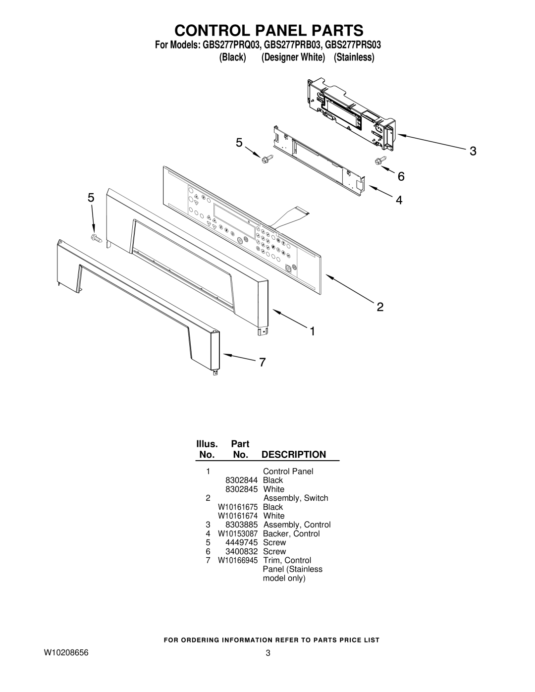 Whirlpool manual Control Panel Parts, For Models GBS277PRQ03, GBS277PRB03, GBS277PRS03 Black 