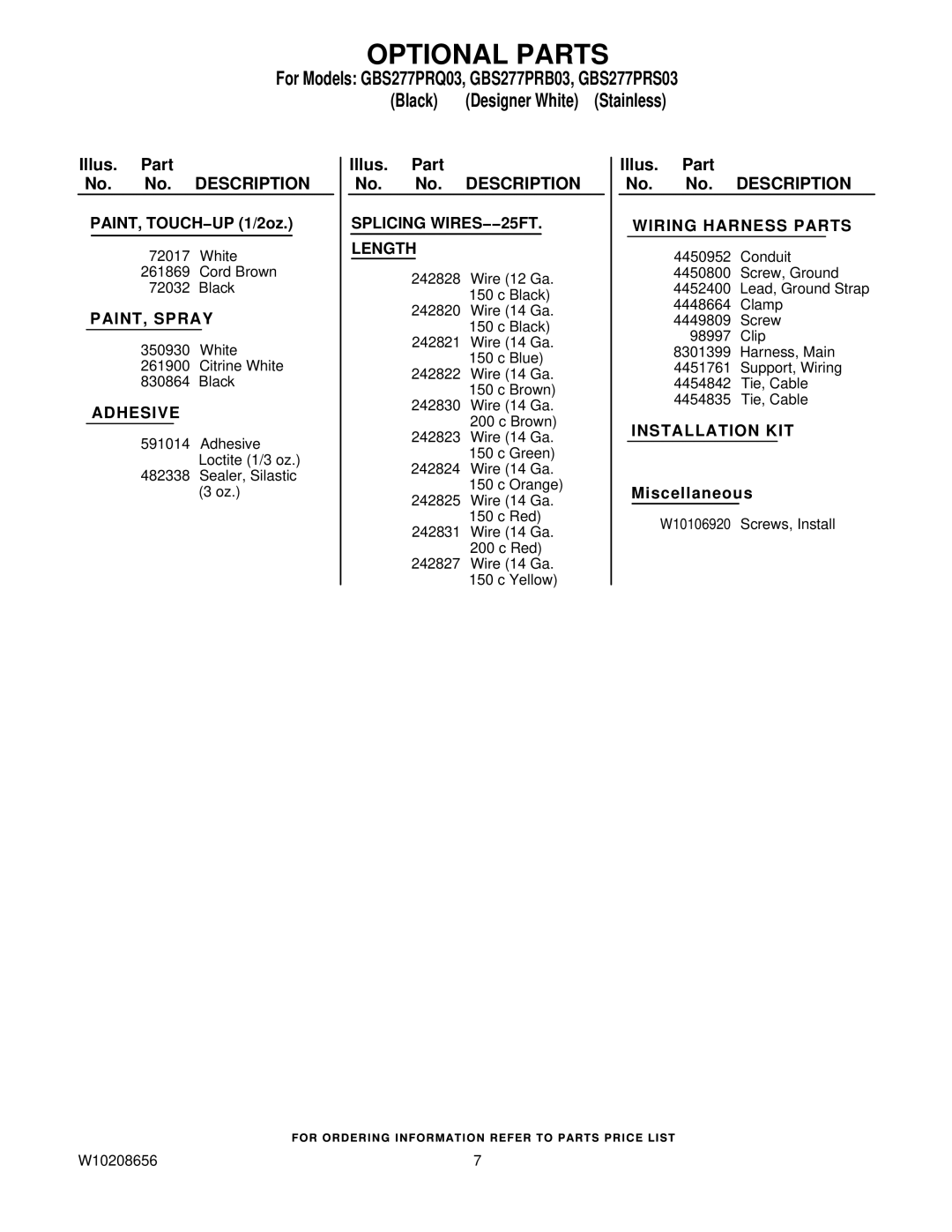 Whirlpool GBS277PRB03, GBS277PRQ03, GBS277PRS03 manual Optional Parts, Wiring Harness Parts 