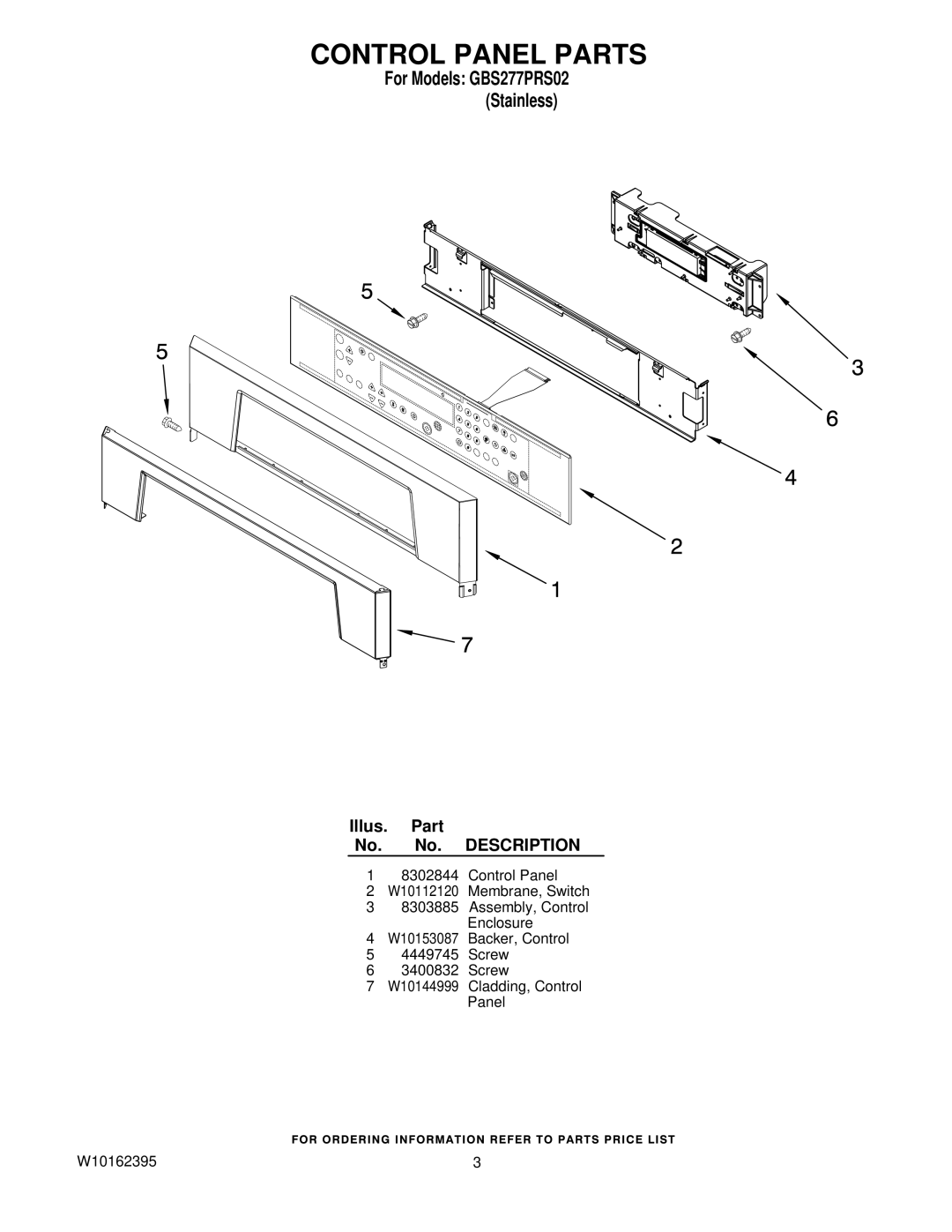 Whirlpool GBS277PRS02 manual Control Panel Parts 