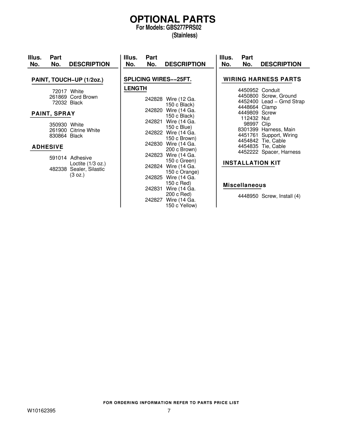 Whirlpool GBS277PRS02 manual Optional Parts, Wiring Harness Parts 
