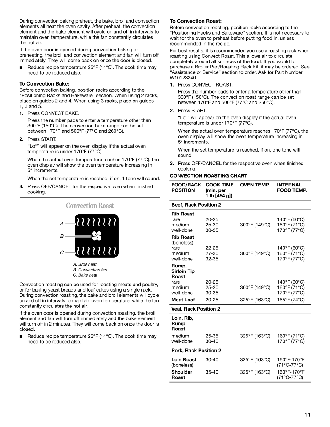 Whirlpool GBS309, GBS279PVB, GBD309, GBD279 manual ConvectionRoast, To Convection Bake, To Convection Roast, Food Temp 