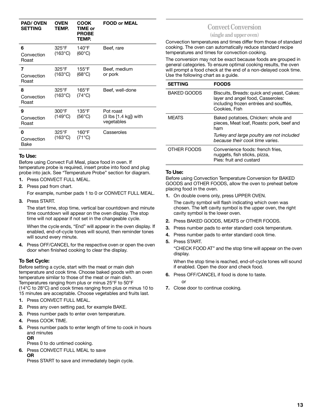 Whirlpool GBS279PVB, GBS309, GBD309, GBD279 manual ConvectConversion, To Use, To Set Cycle, Setting Foods 