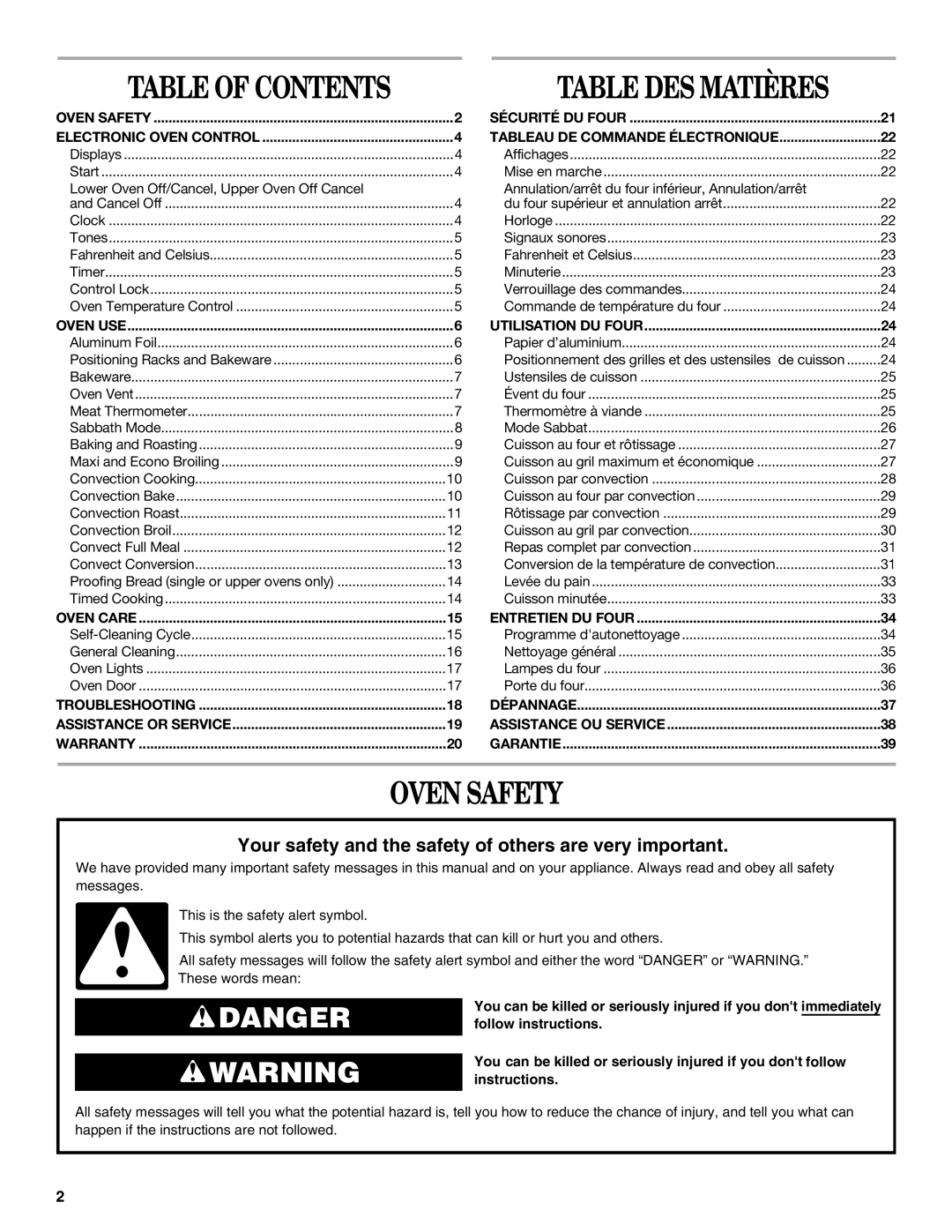 Whirlpool GBD309, GBS279PVB, GBS309, GBD279 manual Oven Safety, Table of Contents 