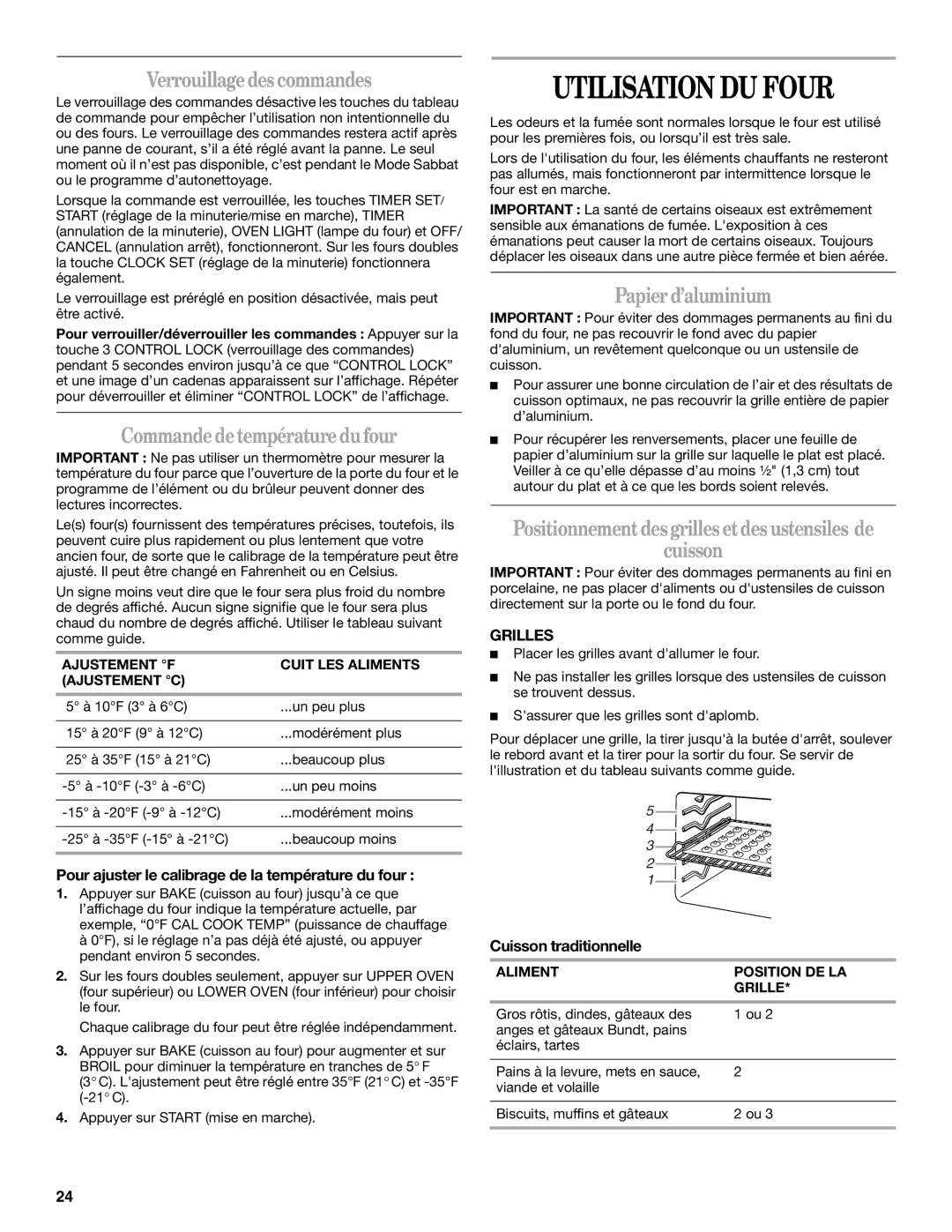 Whirlpool GBD279, GBS279PVB Utilisation DU Four, Verrouillagedes commandes, Commandedetempératuredufour, Papierd’aluminium 