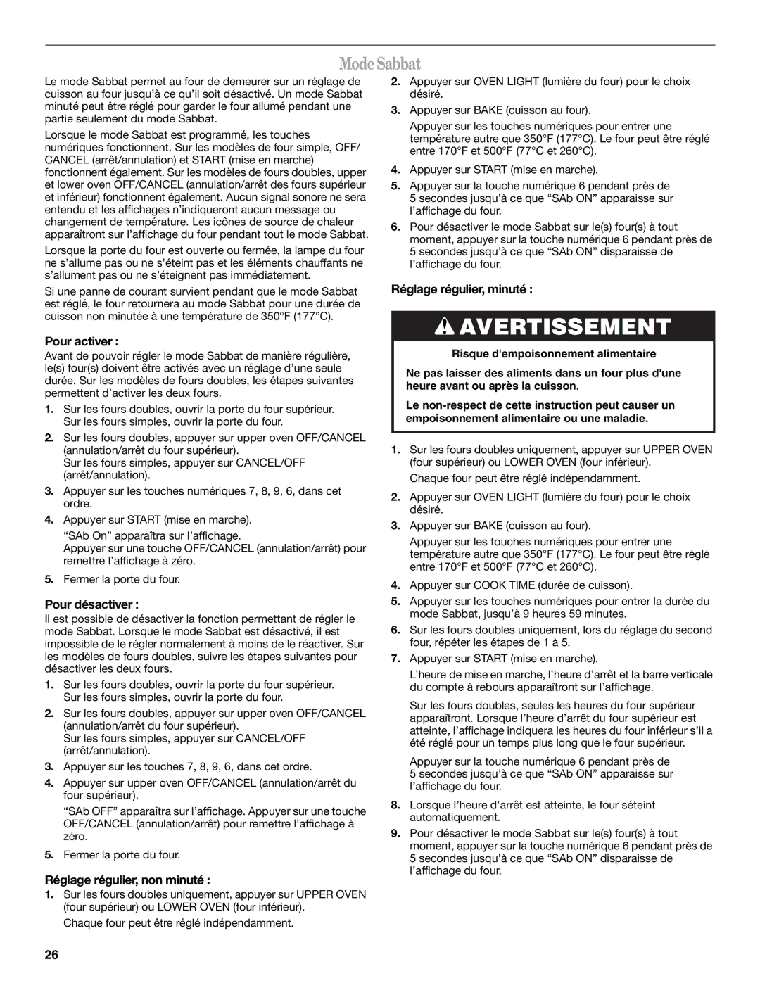 Whirlpool GBS309, GBD309 ModeSabbat, Pour activer, Pour désactiver, Réglage régulier, non minuté, Réglage régulier, minuté 