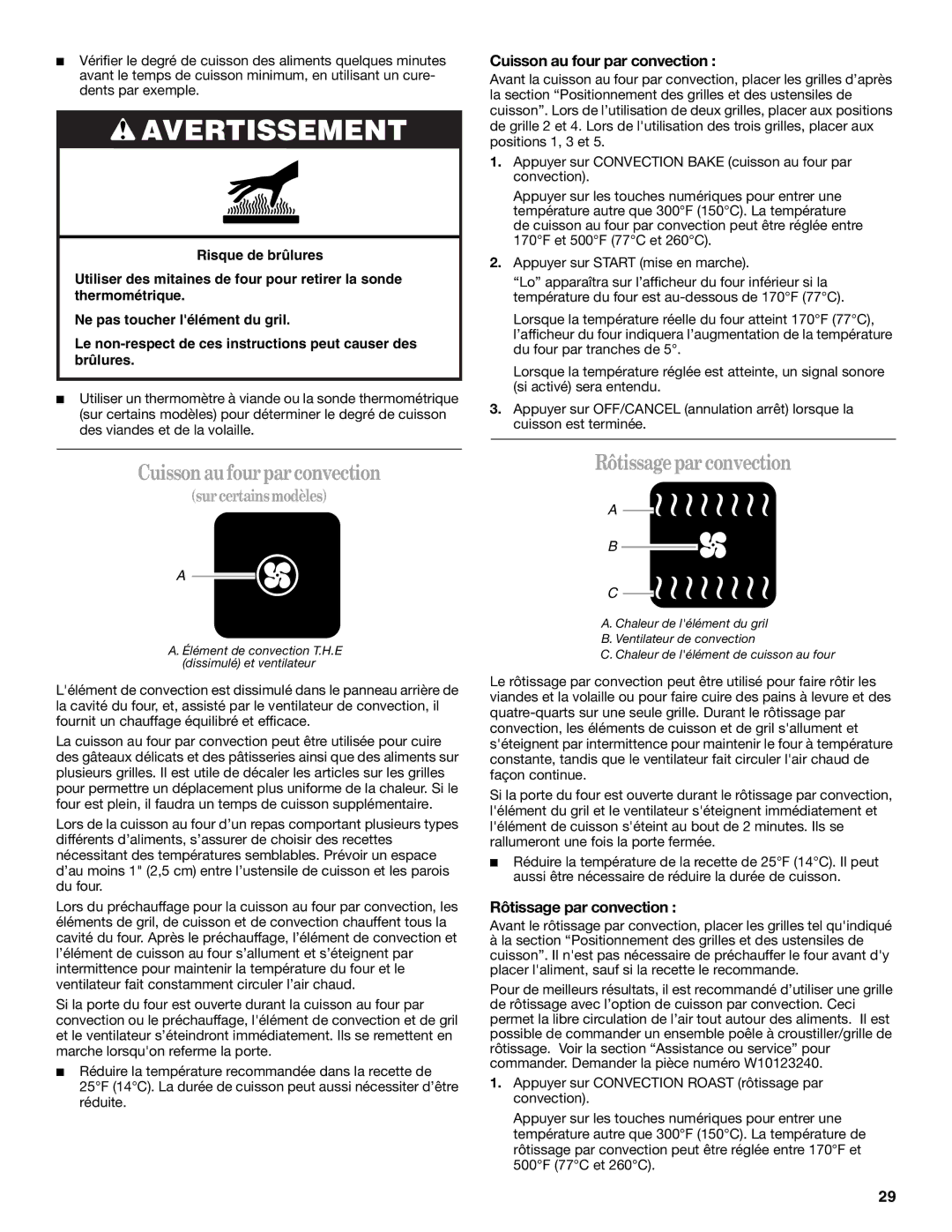 Whirlpool GBD279, GBS279PVB, GBS309 Cuissonaufourparconvection, Rôtissagepar convection, Cuisson au four par convection 