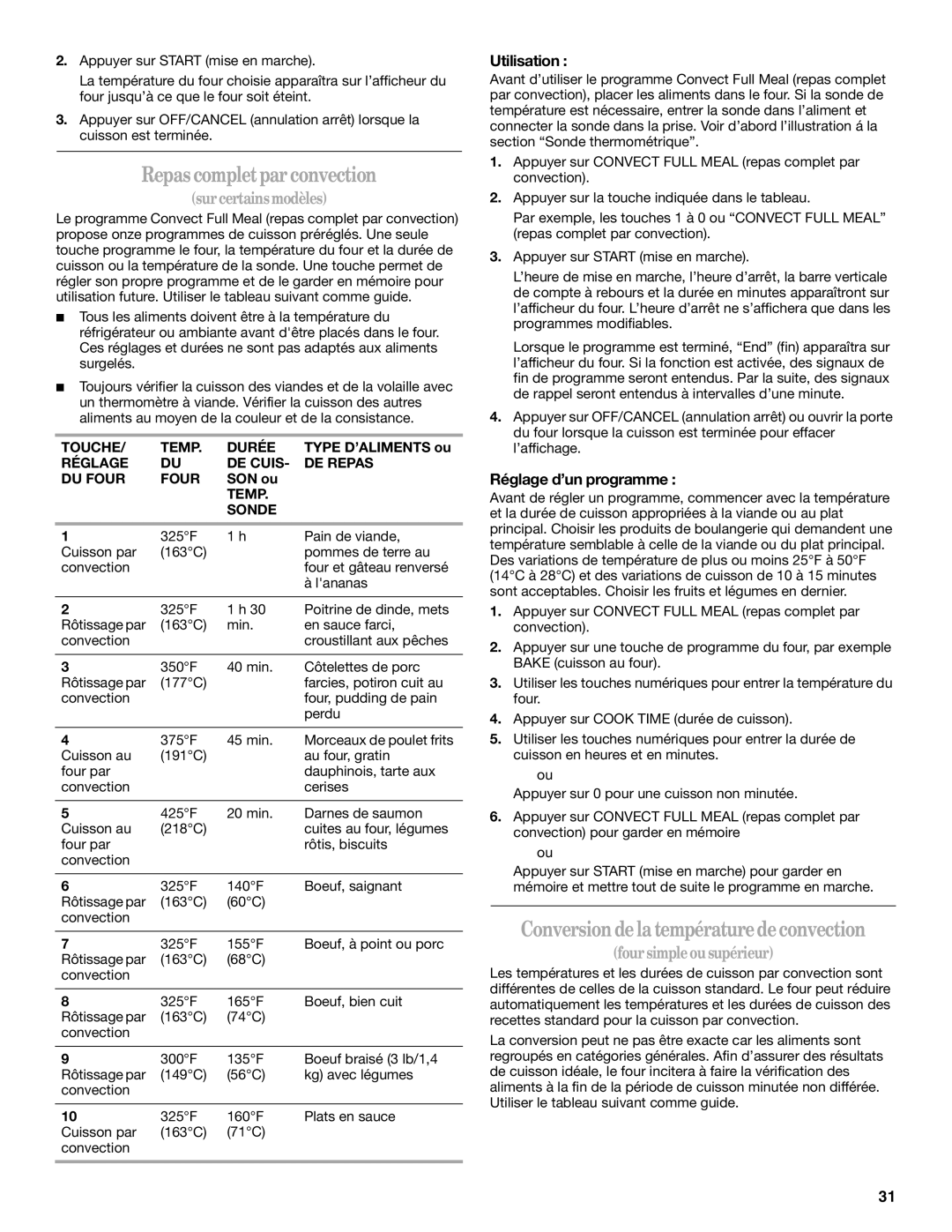 Whirlpool GBS309 Repascompletparconvection, Conversiondela températuredeconvection, Utilisation, Réglage d’un programme 