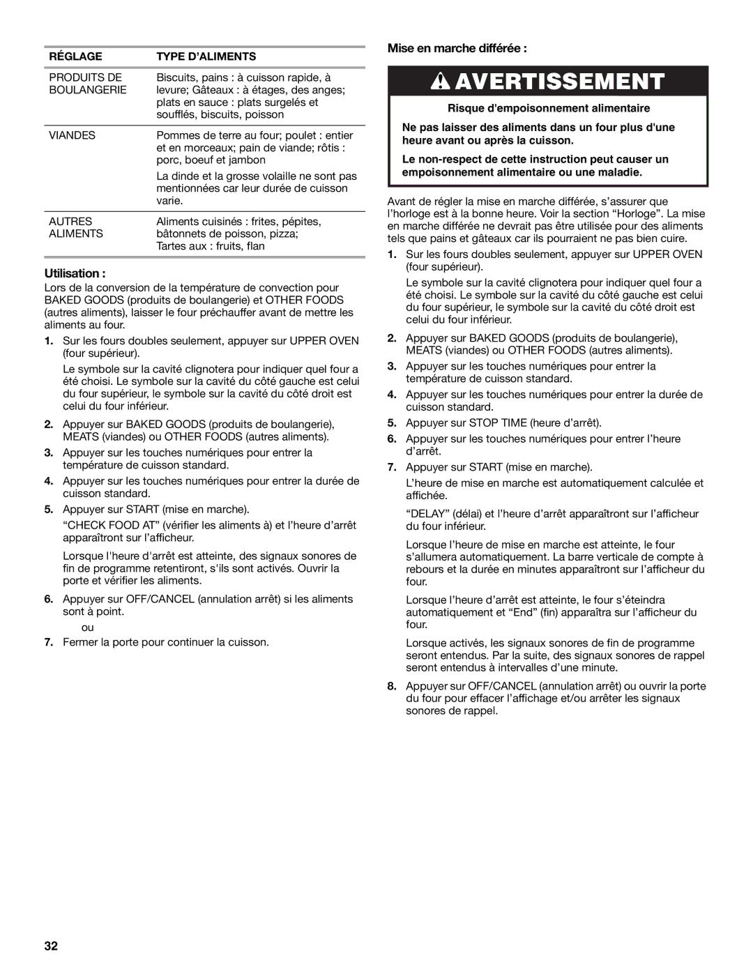 Whirlpool GBD309, GBS279PVB, GBS309, GBD279 manual Mise en marche différée, Réglage Type D’ALIMENTS 