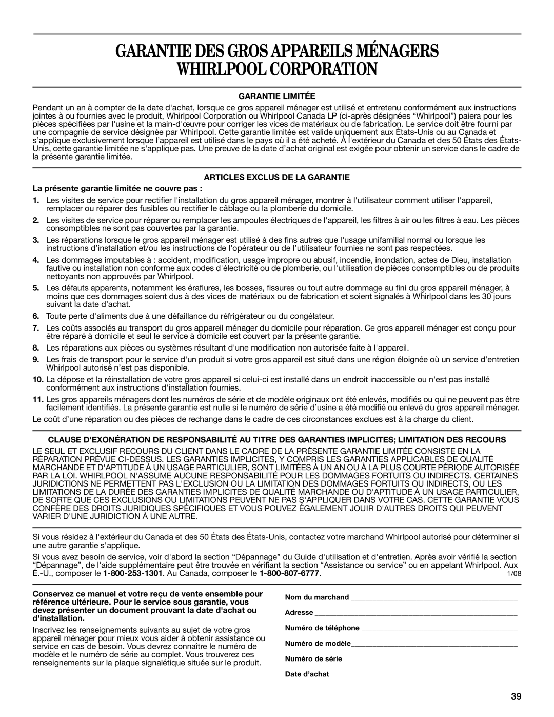 Whirlpool GBD279, GBS279PVB, GBS309, GBD309 Garantie DES Gros Appareils Ménagers Whirlpool Corporation, Garantie Limitée 