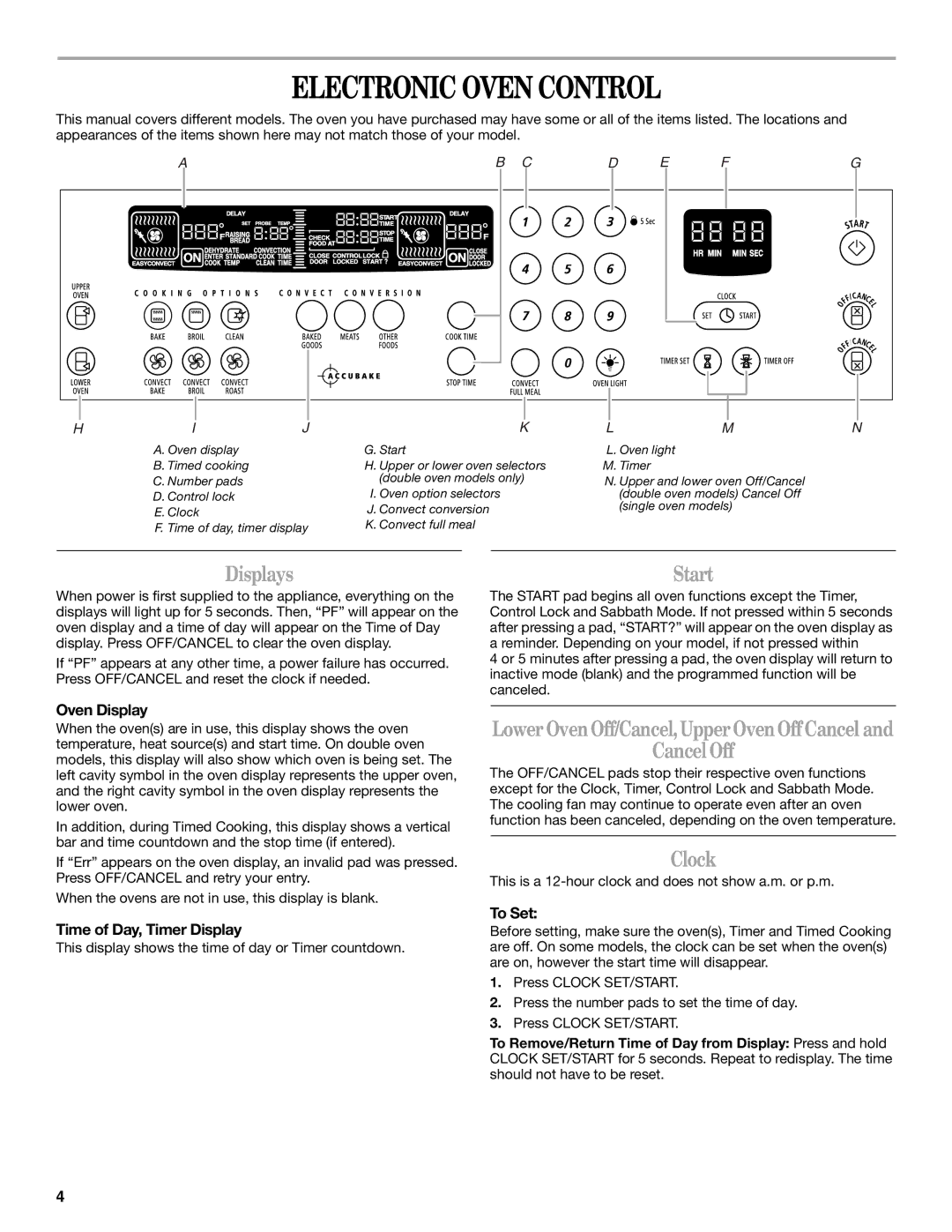 Whirlpool GBD279, GBS279PVB, GBS309, GBD309 manual Electronic Oven Control, Displays, Start, CancelOff, Clock 