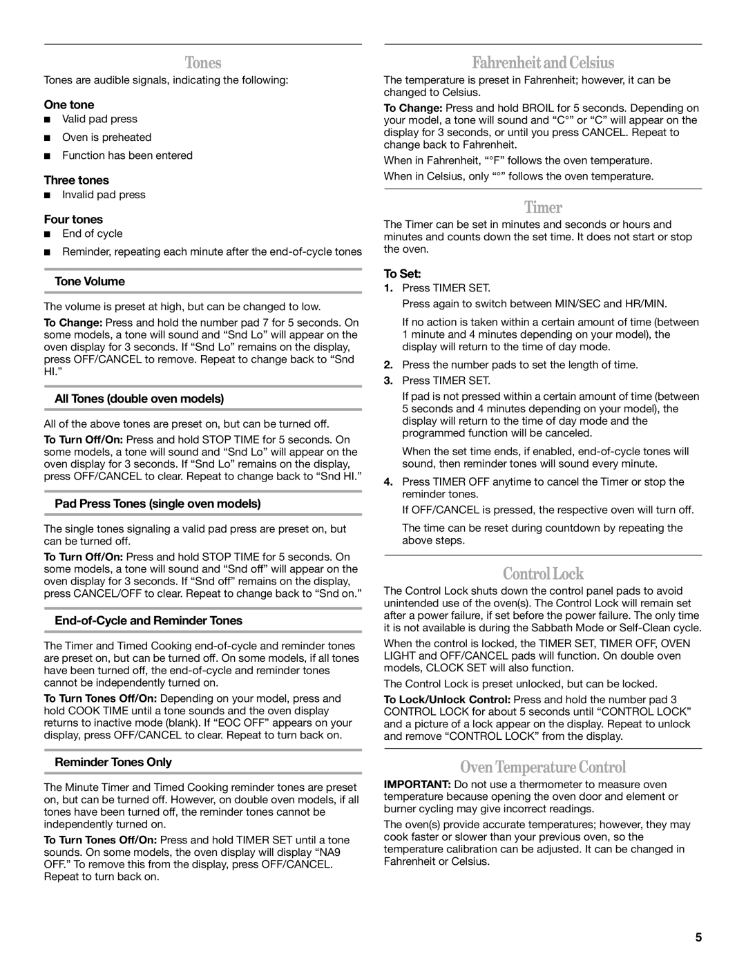 Whirlpool GBS279PVB, GBS309, GBD309, GBD279 manual Tones, FahrenheitandCelsius, Timer, ControlLock, OvenTemperatureControl 