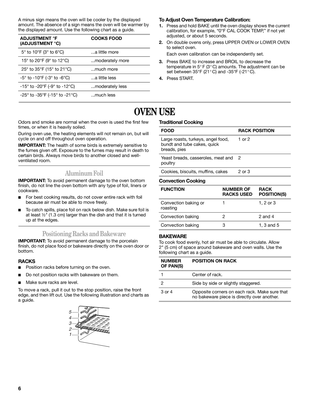 Whirlpool GBS309, GBS279PVB, GBD309, GBD279 manual Oven USE, AluminumFoil, Positioning RacksandBakeware 