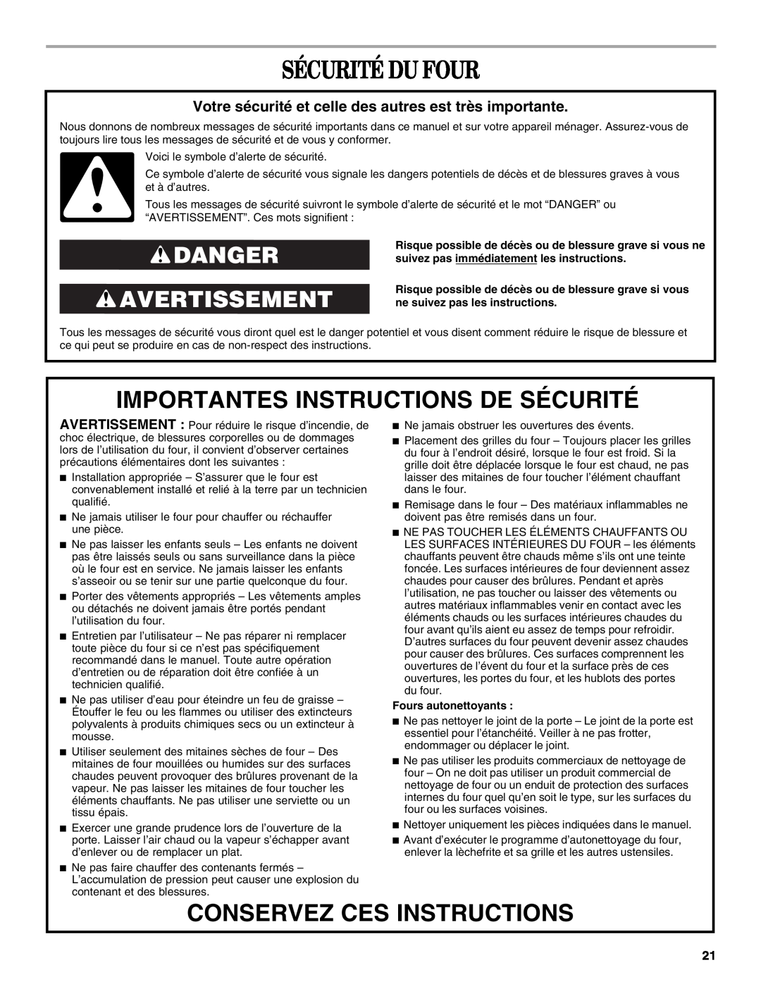 Whirlpool GBS309 Sécurité Du Four, Importantes Instructions De Sécurité, Conservez Ces Instructions, Danger Avertissement 