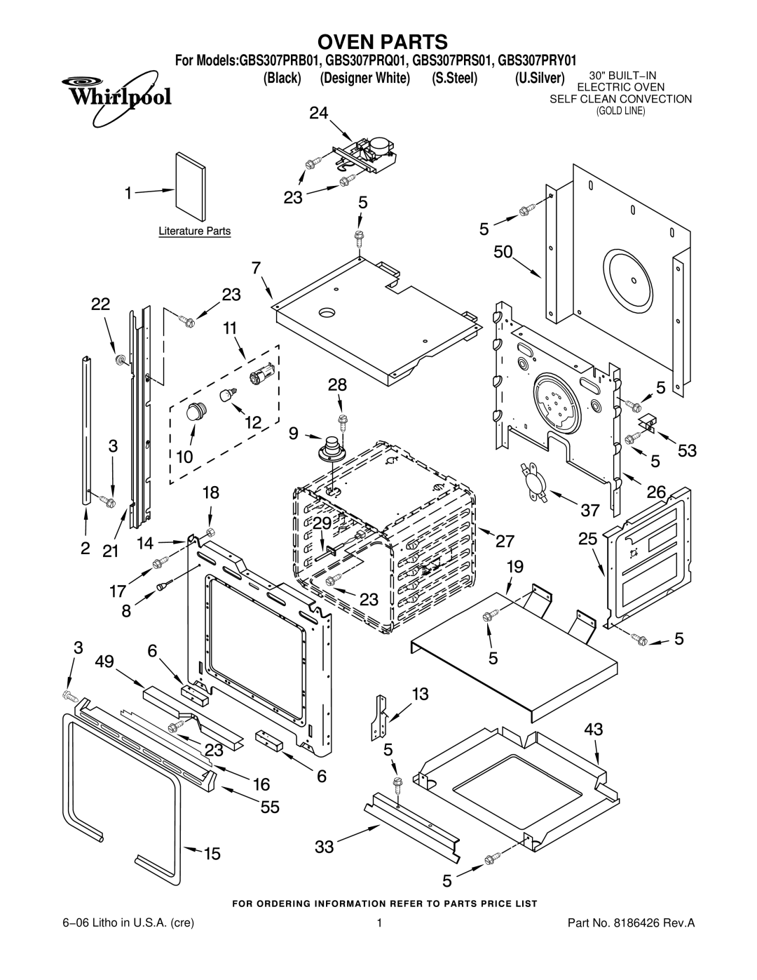 Whirlpool GBS307PRQ01, GBS307PRB01, GBS307PRS01, GBS307PRY01 manual Oven Parts 