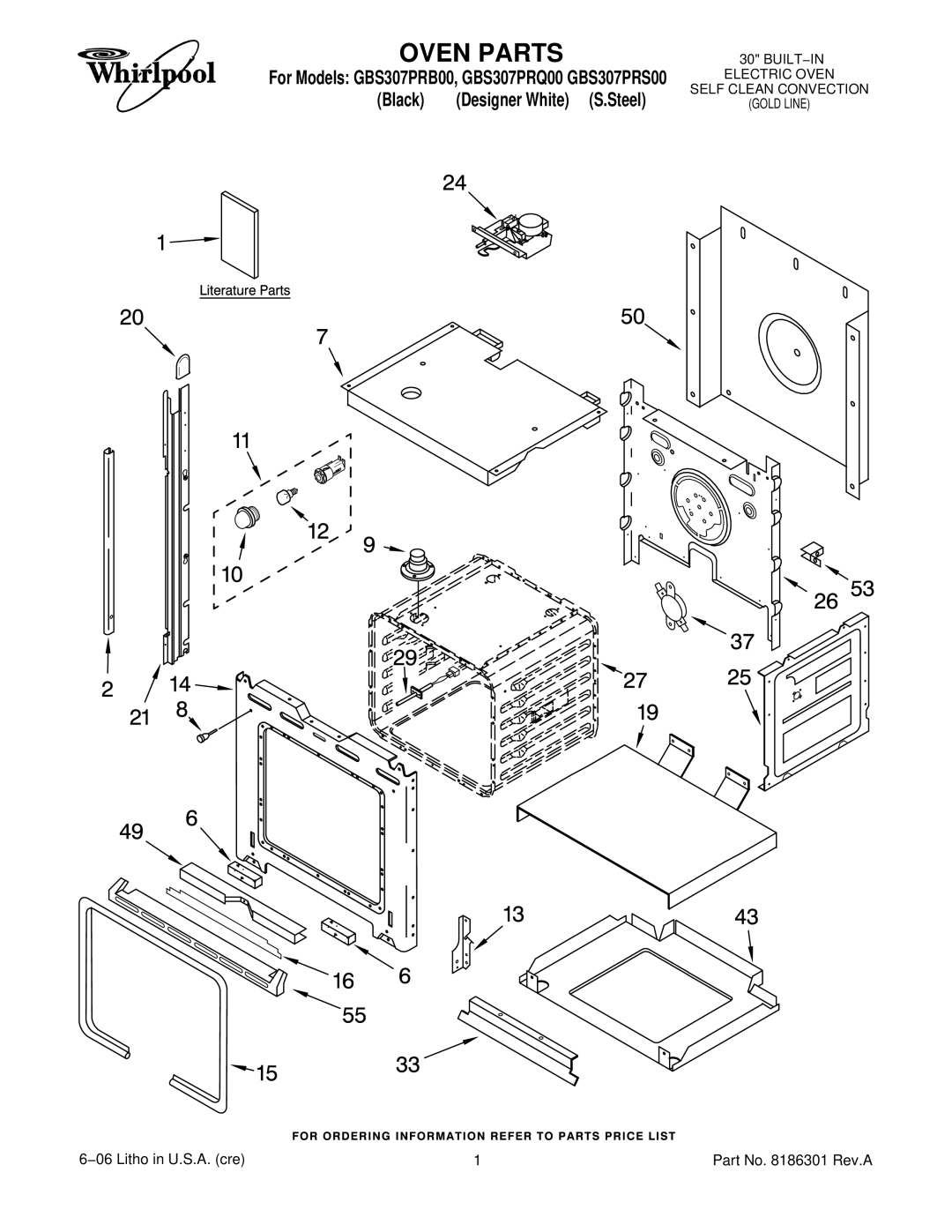 Whirlpool GBS307PRB00, GBS307PRQ00, GBS307PRS00 manual Oven Parts, Black Designer White S.Steel 