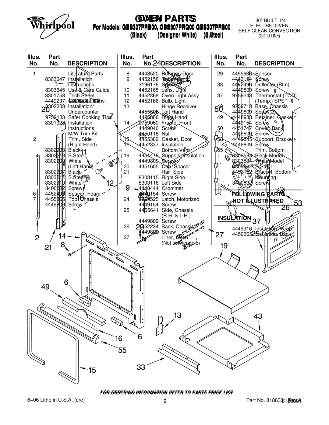 Whirlpool GBS307PRS00, GBS307PRQ00, GBS307PRB00 manual Oven Parts, Illus. Part No. No. Description 