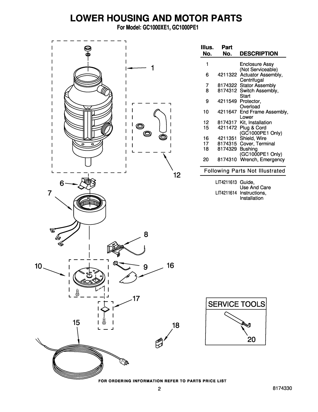 Whirlpool manual Lower Housing And Motor Parts, Illus, Description, For Model GC1000XE1, GC1000PE1 