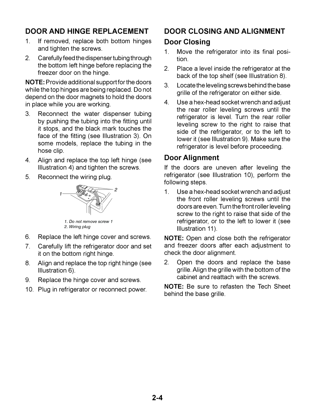 Whirlpool GC1SHAXM manual Door and Hinge Replacement, Door Closing and Alignment Door Closing 