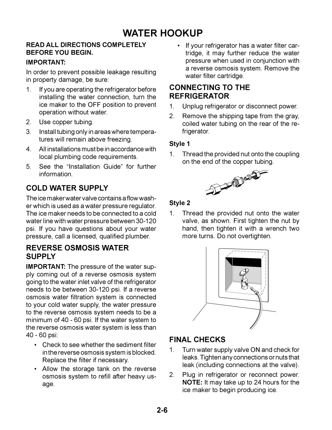 Whirlpool GC1SHAXM Water Hookup, Connecting to Refrigerator, Cold Water Supply, Reverse Osmosis Water Supply, Final Checks 