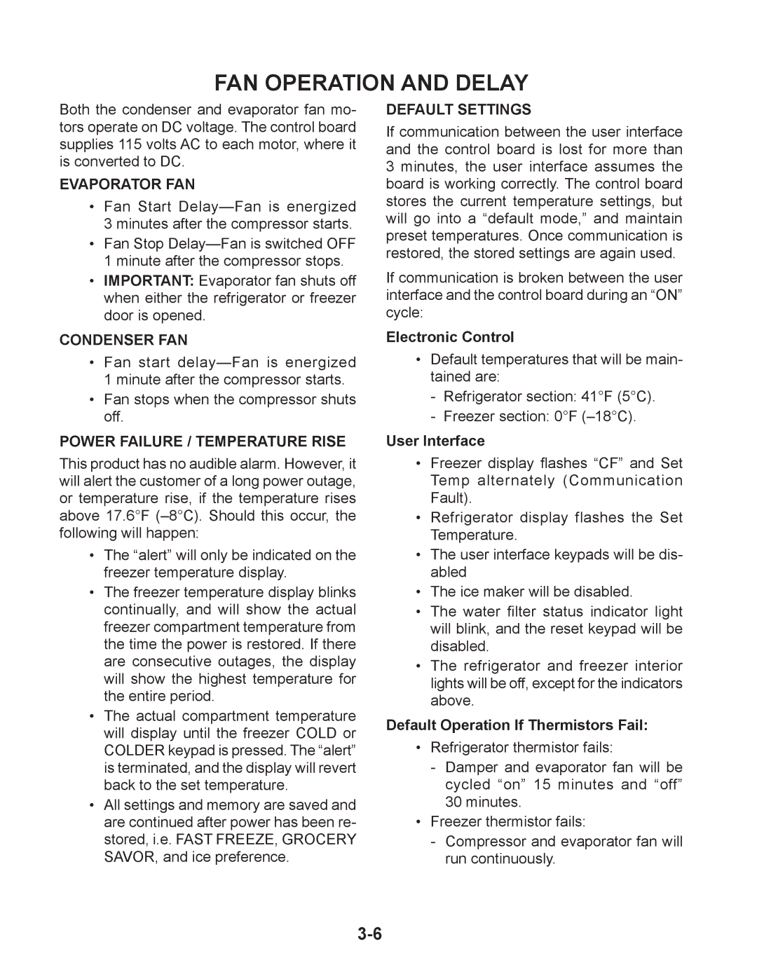 Whirlpool GC1SHAXM FAN Operation and Delay, Electronic Control, User Interface, Default Operation If Thermistors Fail 