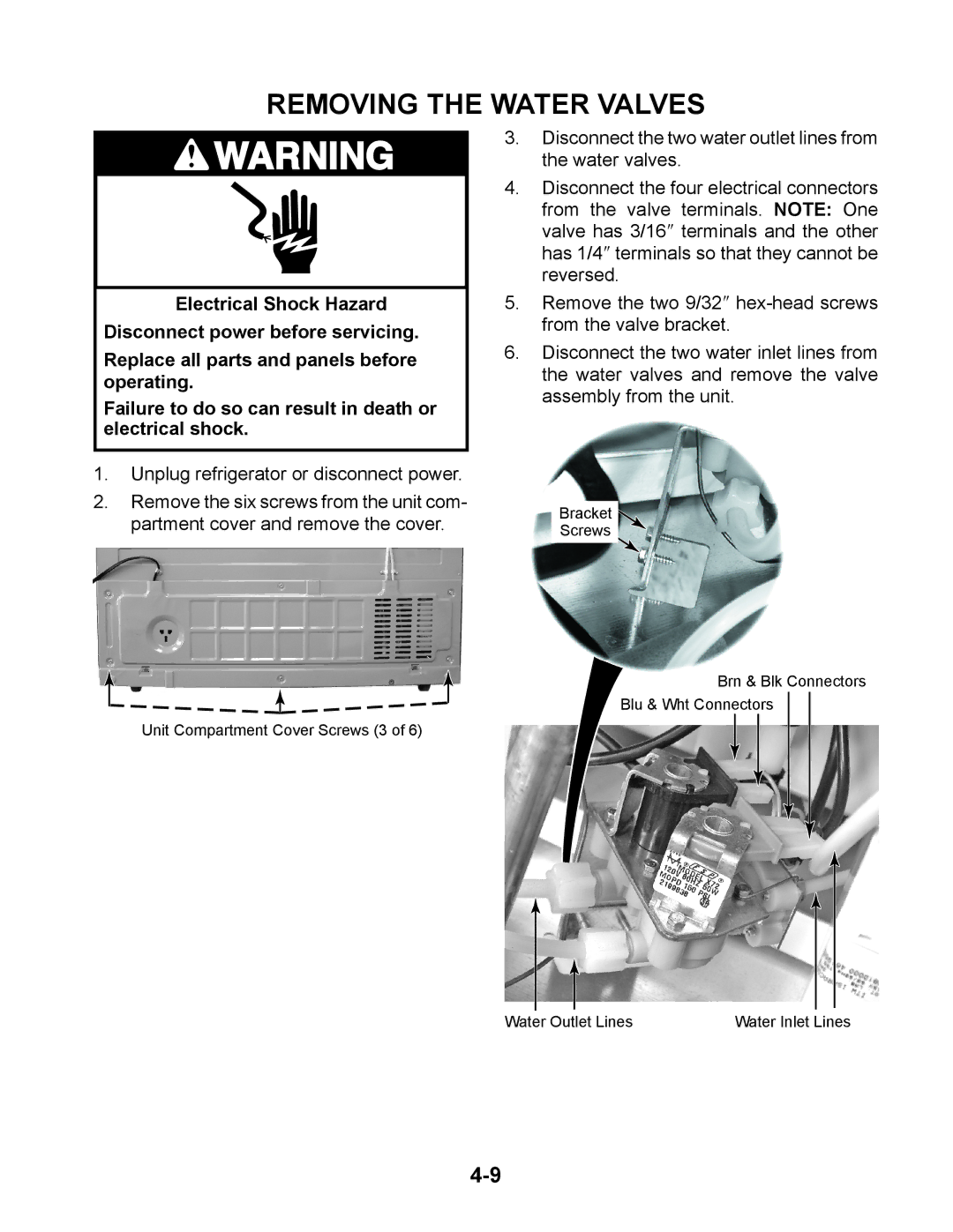 Whirlpool GC1SHAXM manual Removing the Water Valves 