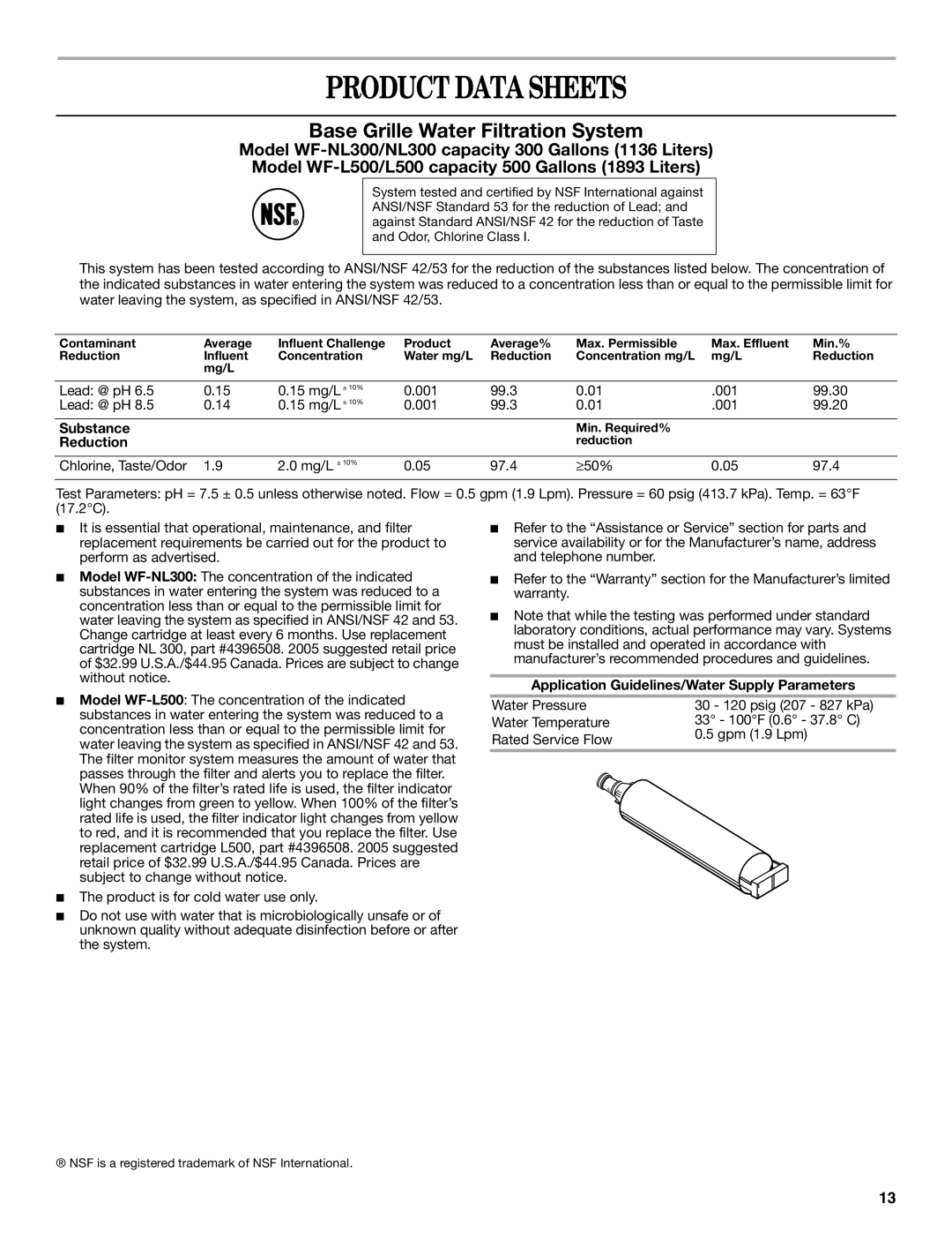 Whirlpool GC1SHAXMB00 warranty Product Data Sheets, Substance, Reduction, Application Guidelines/Water Supply Parameters 