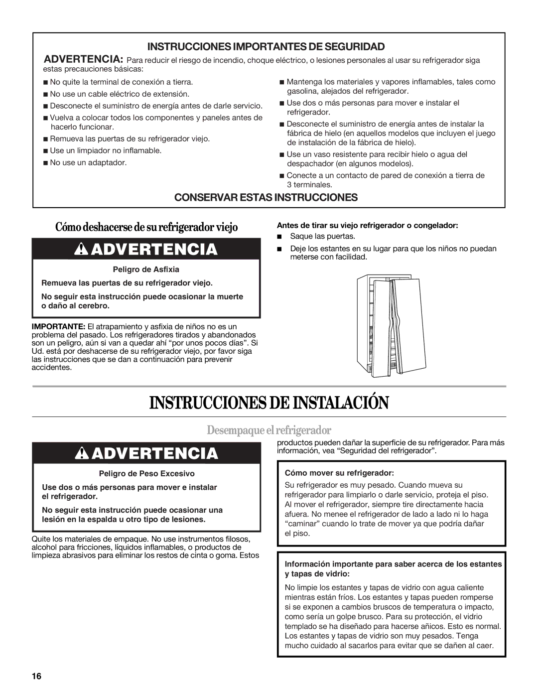 Whirlpool GC1SHAXMB00 warranty Instrucciones DE Instalación, Desempaqueel refrigerador 