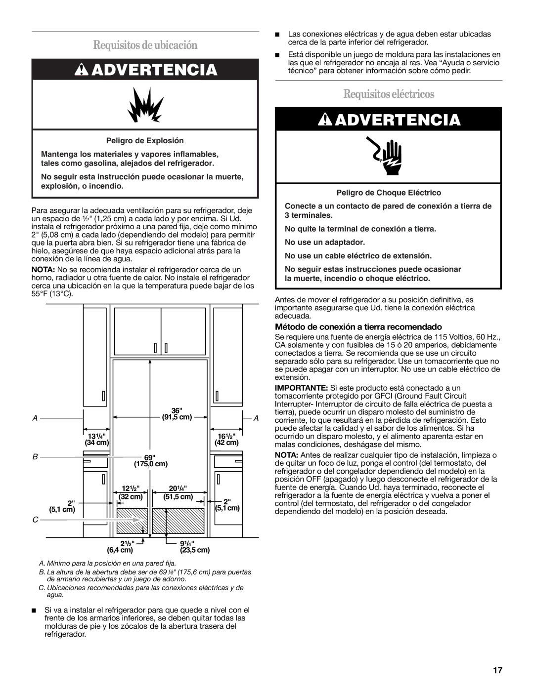 Whirlpool GC1SHAXMB00 warranty Requisitos deubicación, Requisitoseléctricos, Método de conexión a tierra recomendado 