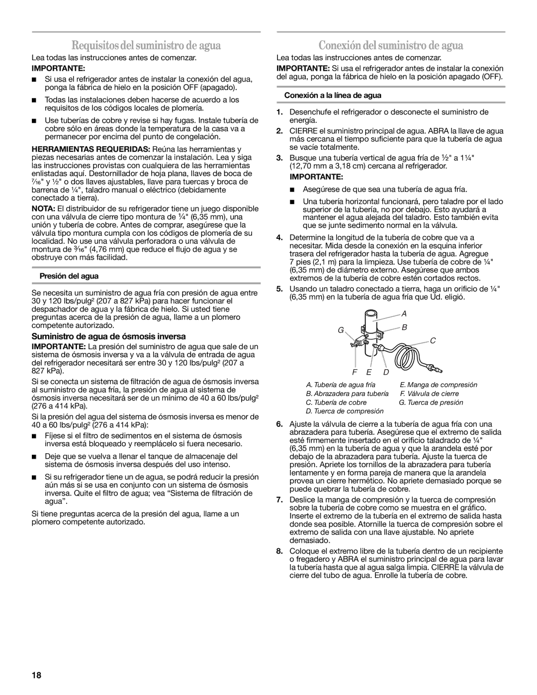 Whirlpool GC1SHAXMB00 warranty Requisitosdel suministro de agua, Conexión delsuministro de agua, Importante 