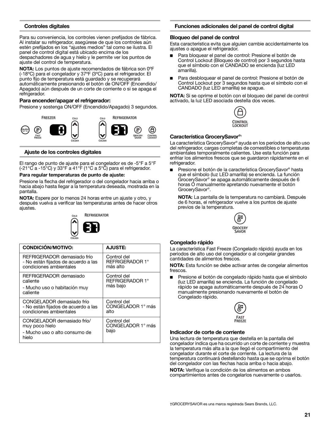 Whirlpool GC1SHAXMB00 warranty Controles digitales, Para encender/apagar el refrigerador, Ajuste de los controles digitales 