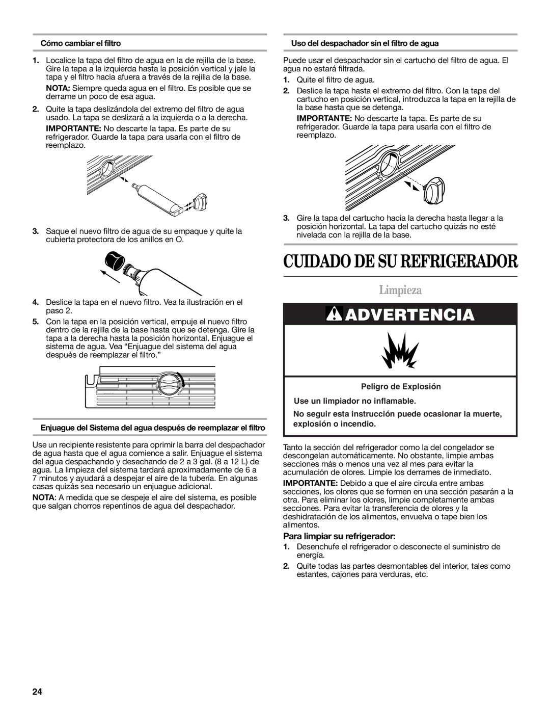 Whirlpool GC1SHAXMB00 warranty Limpieza, Para limpiar su refrigerador, Cómo cambiar el filtro 