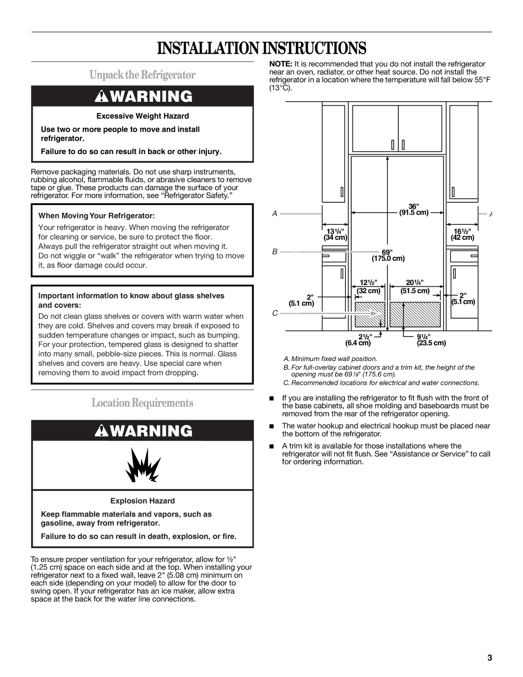 Whirlpool GC1SHAXMB00 warranty Installation Instructions, UnpacktheRefrigerator, LocationRequirements 