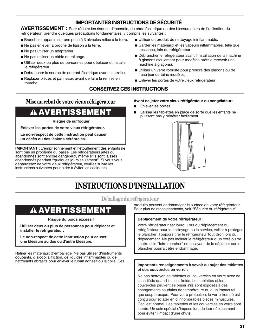 Whirlpool GC1SHAXMB00 warranty Instructions Dinstallation, Déballageduréfrigérateur, Enlever les portes 